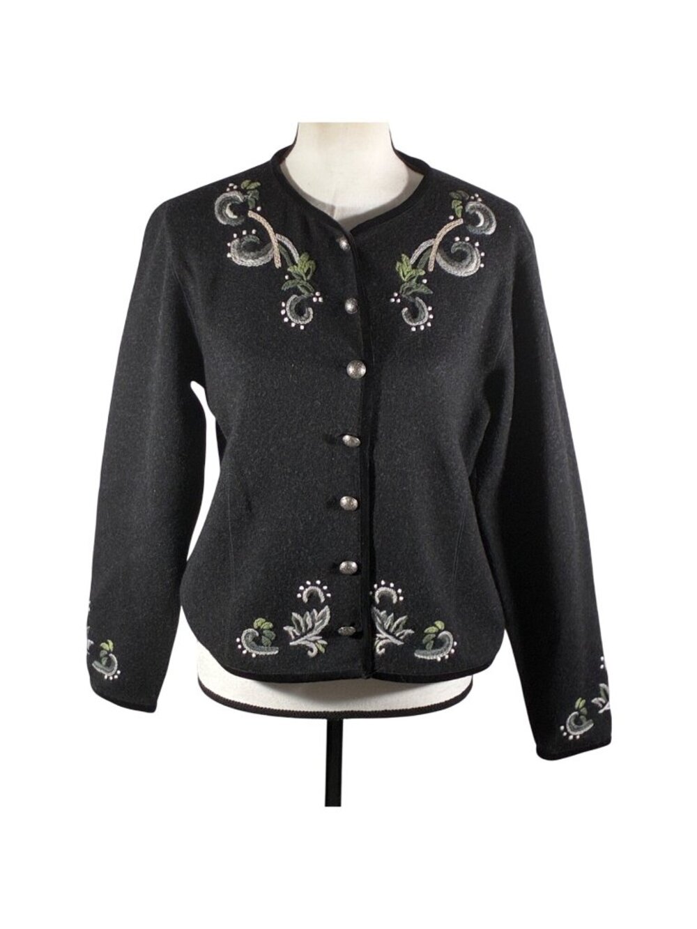 Icelandic Design Wool Embroidered Cardigan Sweater M Button Front Floral